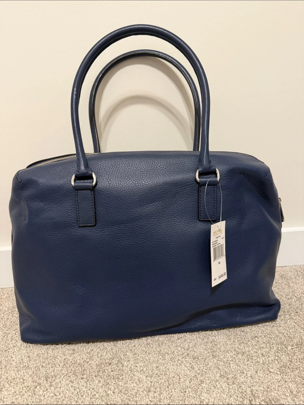 Michael Kors Navy Leather Satchel with Silver Hardware